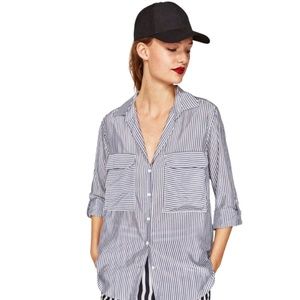 ZARA Blue White Stripe Button Down Blouse Top